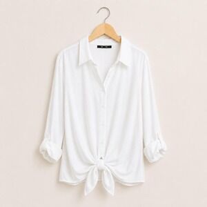 Lightweight Roll Tab Sleeve Tie Front Button Blouse Minimalist Capsule Old Money